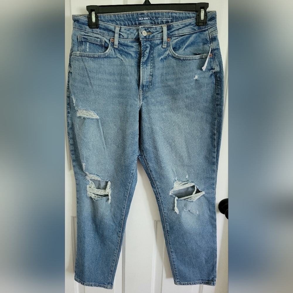 NWT Old Navy High Rise O.G. Straight Distressed Medium Wash Denim Jeans Size 12